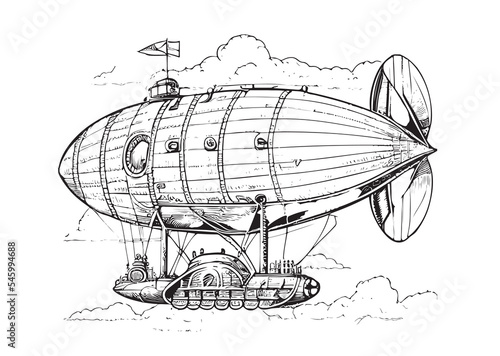 Airship retro flying in the clouds hand drawn sketch engraving style vector illustration.