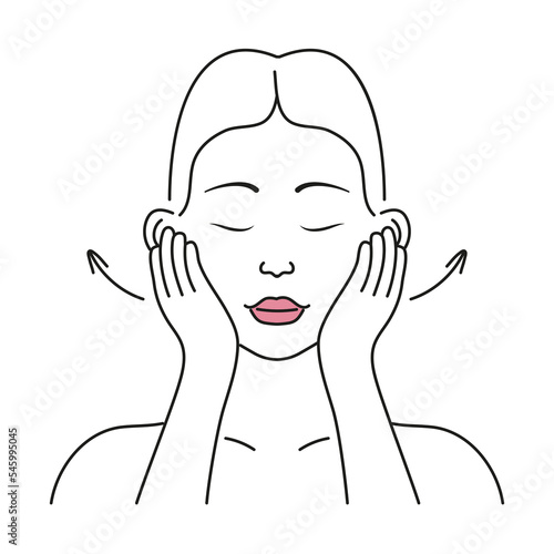 Facial massage. Facial skin care at home. Beautiful girl applies cream, tonic, gel on the skin.