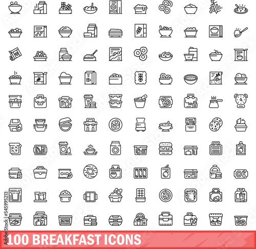 100 breakfast icons set. Outline illustration of 100 breakfast icons vector set isolated on white background