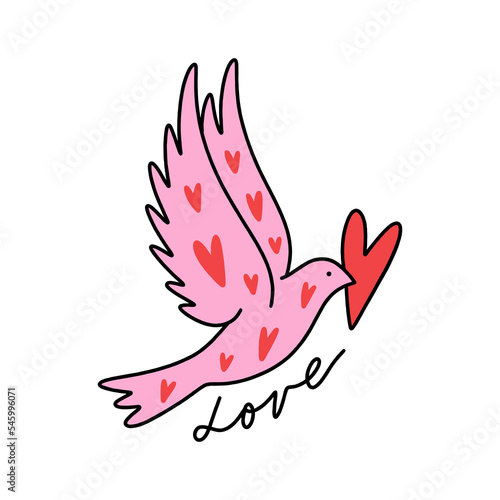 Retro groovy bright color hippie Valentines dove bird holding heart illustration, 70s 60s sixties style print. Colorful funny carton character isolated on white background. Vector clipart print for