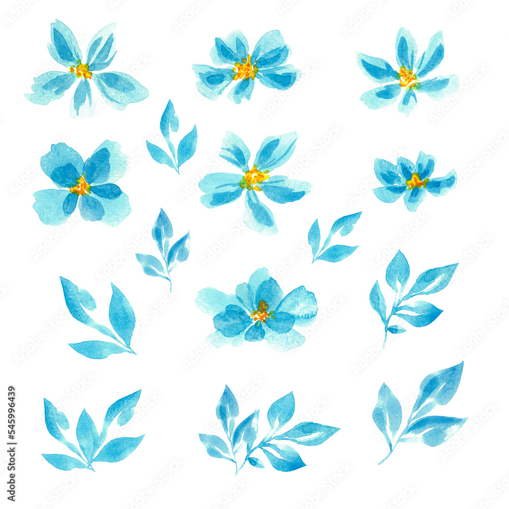 Set of painted blue watercolor flowers. Clip art. Elements for decor. Monochrome floral set. Spring. Blue flowers. Isolated on a white background.