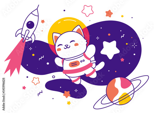 Vector abstract kid space illustration with animal astronaut cat, spaceship, star and planet on white background. Flat line art style space design with astronaut cat
