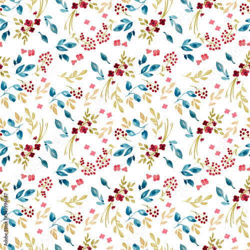 Seamless pattern with watercolor flowers, leaves and berries on white background.