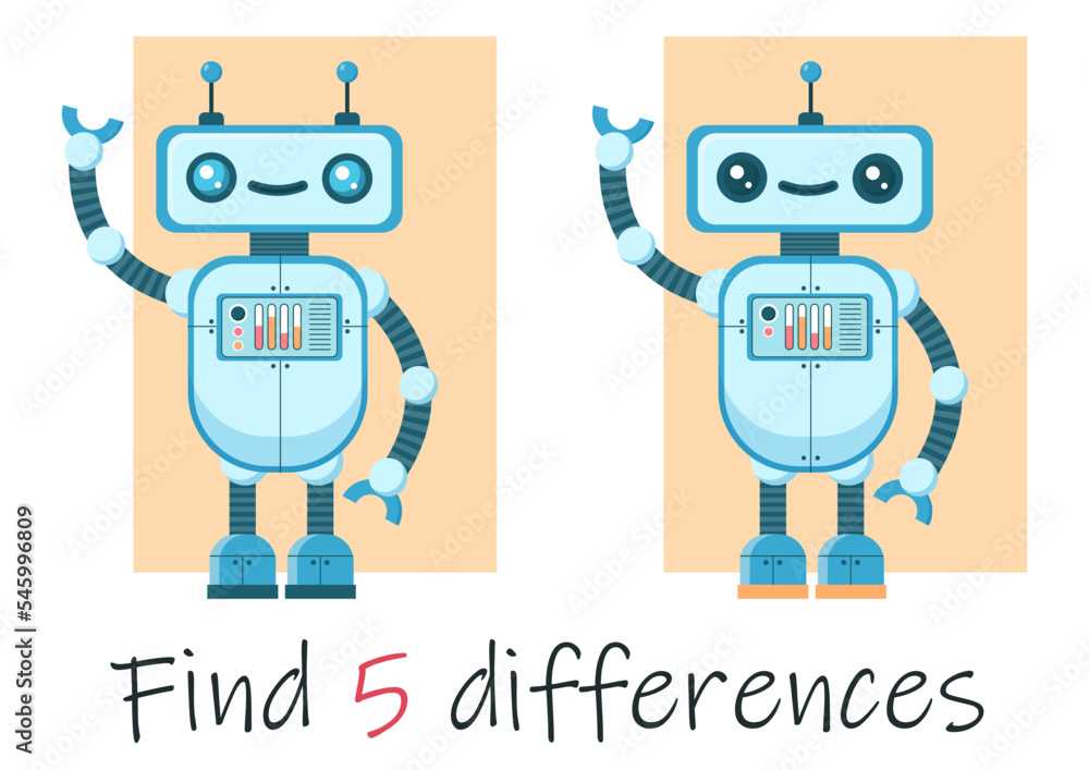 Vector illustration. Kids cartoon style. Find 5 differences. Robot. Educational game for children. Training card.
