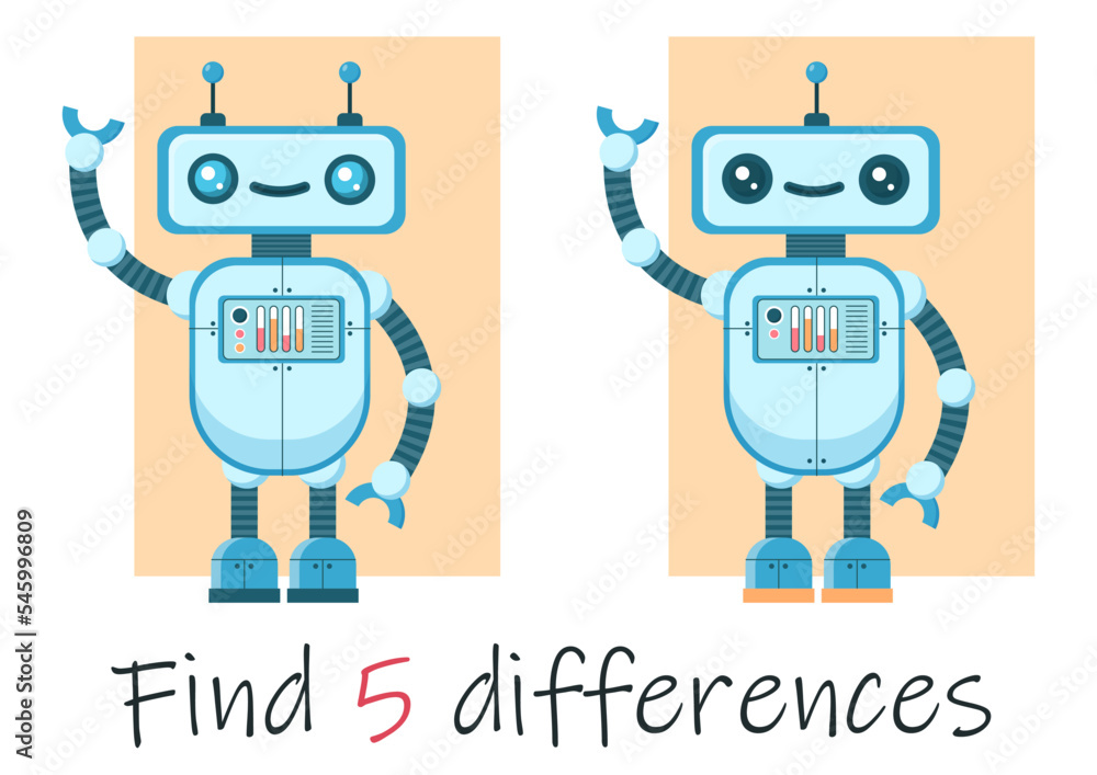 Vector illustration. Kids cartoon style. Find 5 differences. Robot. Educational game for children. Training card. Vector illustration. Kids cartoon style. Find 5 differences. Robot. Educational game for children. Training card.
