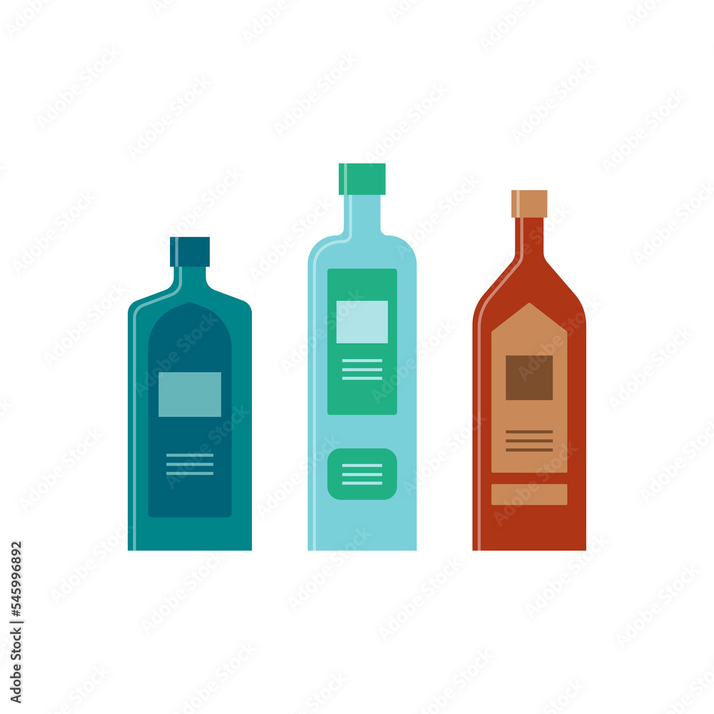 Set bottles of gin, shnapps, balsam. Great design for any purposes. Icon bottle with cap and label. Flat style. Color form. Party drink concept. Simple image shape Set bottles of gin, shnapps, balsam. Great design for any purposes. Icon bottle with cap and label. Flat style. Color form. Party drink concept. Simple image shape
