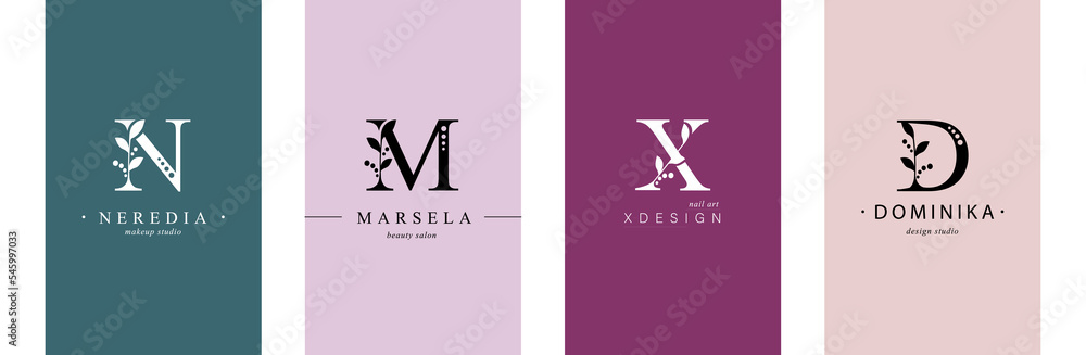Collection of Botanical Minimalistic, Initial, Letter N, M, X, D. Logo or mponogram for business card
