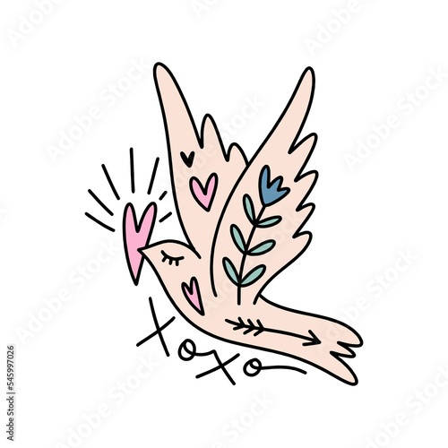 Romantic Valentines dove bird holding heart illustration, 70s 60s sixties style print. Colorful funny carton character isolated on white background. Vector clipart print for poster design, patch