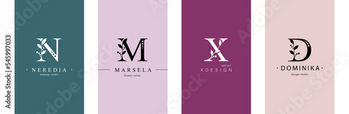 Collection of Botanical Minimalistic, Initial, Letter N, M, X, D. Logo or mponogram for business card