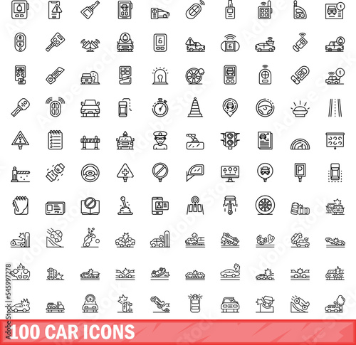100 car icons set. Outline illustration of 100 car icons vector set isolated on white background