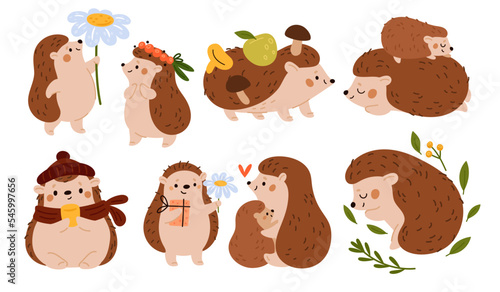 Cartoon hedgehogs. Forest animals. Wild nature. Funny parents and cubs characters. Autumn mushrooms on spine bristles. Daisy flowers and fruits. Loving mammal family. Garish vector set