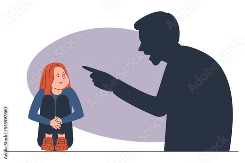 Silhouette of a father screaming at daughter vector isolated. Illustration of an angry parent being aggresive to a little child. Crying girl on the floor. Parental abuse and violence.