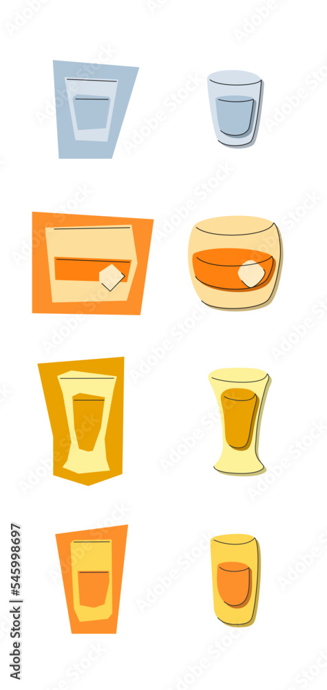 Vodka whiskey tequila rum glass on white background. Cartoon sketch graphic design. Flat style. Colored hand drawn image. Party drink concept for restaurant, cafe, party. Freehand drawing style Vodka whiskey tequila rum glass on white background. Cartoon sketch graphic design. Flat style. Colored hand drawn image. Party drink concept for restaurant, cafe, party. Freehand drawing style