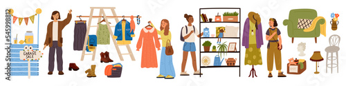 Garage sale products. Flea market with happy people. Old things buyers. Vintage clothing. Second Hand bazaar. Counter with homemade lemonade. Weekend marketplace. Garish vector elements set