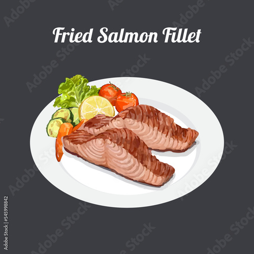 Fried salmon fillet with vegetable. Hand drawn watercolor vector illustration