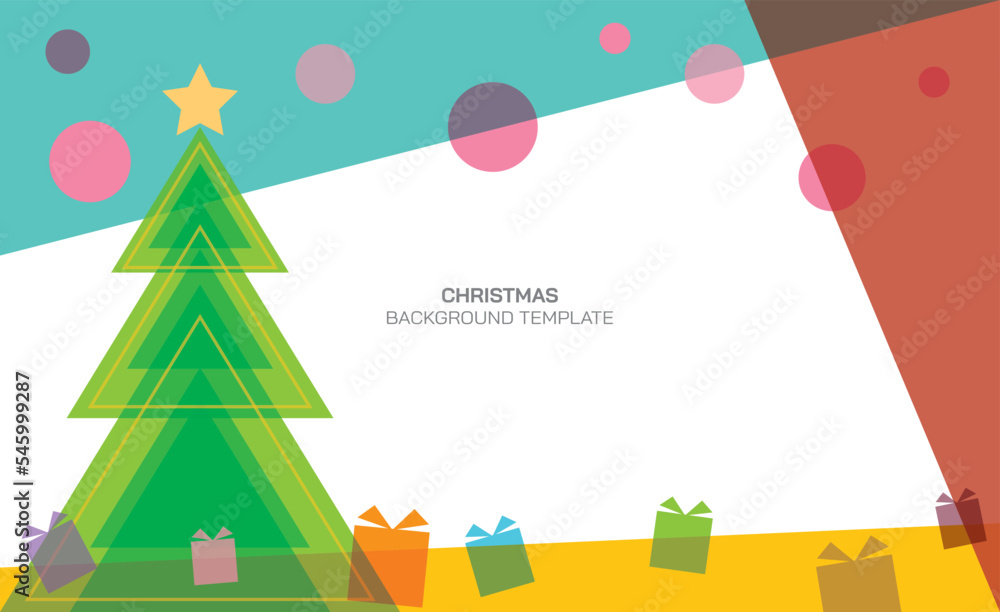 Colorful geometric Christmas tree, snow and gift box with blank space. Pastel Christmas concept background. 