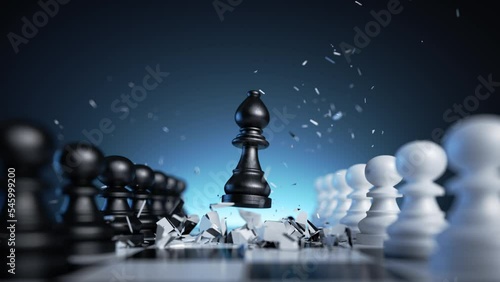 3d animation, chess game aggressive move, black bishop chess piece attacks, breakthrough. Unexpected game changer