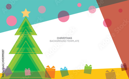 Colorful geometric Christmas tree, snow and gift box with blank space. Pastel Christmas concept background. 