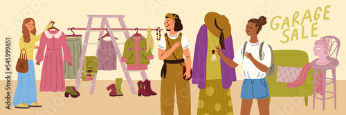 People at garage sale. Flea market with happy visitors. Buyers inspect and choose vintage items. Rarities search. Second Hand boutique. Clothing hangers and mannequin. Garish vector concept