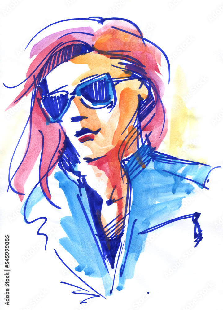 Portrait of a beautiful girl. Line drawing of a woman's face. Fashion Model with long hair. Watercolor Fantasy Character in glasses Portrait of a beautiful girl. Line drawing of a woman's face. Fashion Model with long hair. Watercolor Fantasy Character in glasses