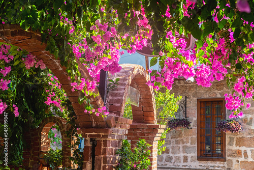 View of bougainvillea flowers in the streets of Kaleici, historical city center of Antalya, Turkey (Turkiye). Vibrant colors, scenis old street at summer day