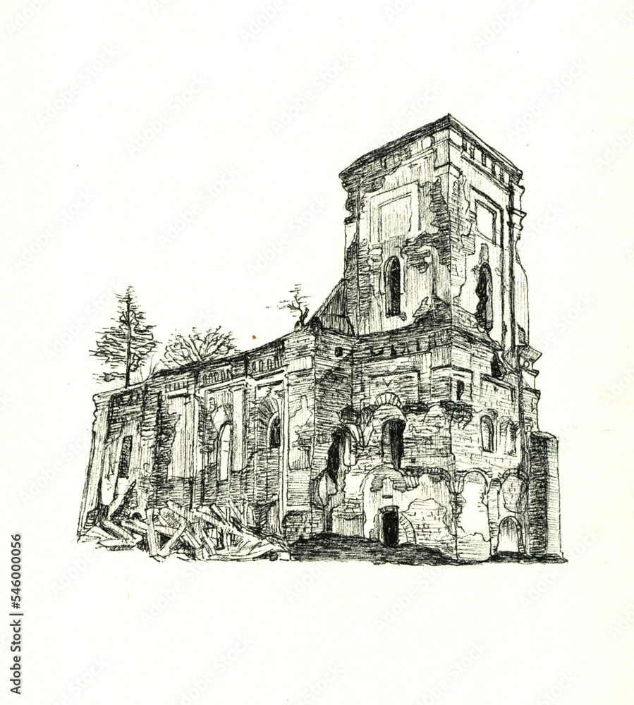 Old castle. Line drawing of architecture. Exterior elements. Ancient building