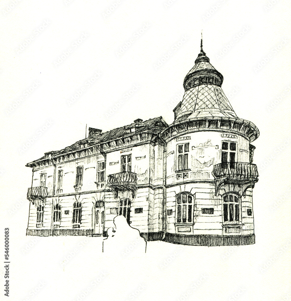 Old castle. Line drawing of architecture. Exterior elements. Ancient building
