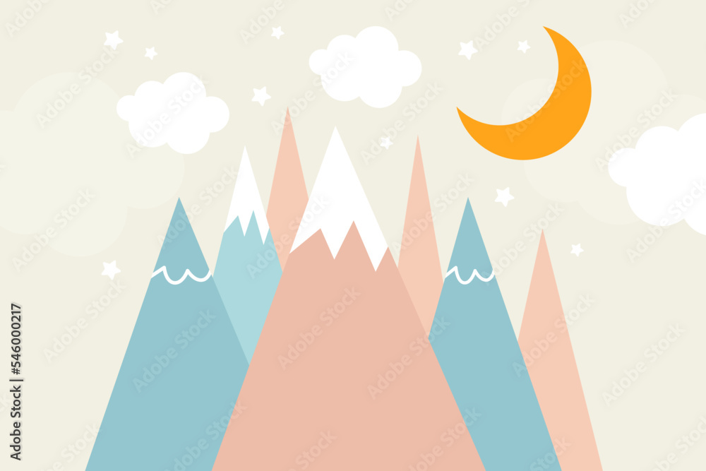 Mountains, moon and clouds in dusty pastel colors. For baby wallpapers, decor, web banners, posters. Vector illustration. Children's wallpaper. Hand drawn in scandinavian style. Mountain landscape. Mountains, moon and clouds in dusty pastel colors. For baby wallpapers, decor, web banners, posters. Vector illustration. Children's wallpaper. Hand drawn in scandinavian style. Mountain landscape.