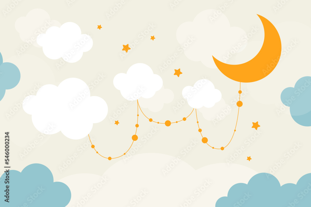 Vector hand drawn cute wallpaper with clouds, stars and moon. Wallpaper for a little princess. 3D Wallpaper. Vector hand drawn cute wallpaper with clouds, stars and moon. Wallpaper for a little princess. 3D Wallpaper.
