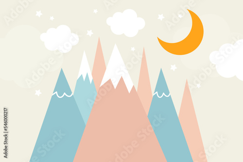 Mountains  moon and clouds in dusty pastel colors. For baby wallpapers  decor  web banners  posters. Vector illustration. Children s wallpaper. Hand drawn in scandinavian style. Mountain landscape.