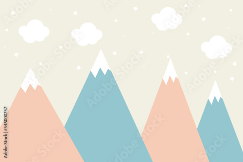 Mountains and clouds. For baby wallpapers, decor, web banners, posters. Vector illustration. Children's wallpaper. Hand drawn in scandinavian style. Mountain landscape.