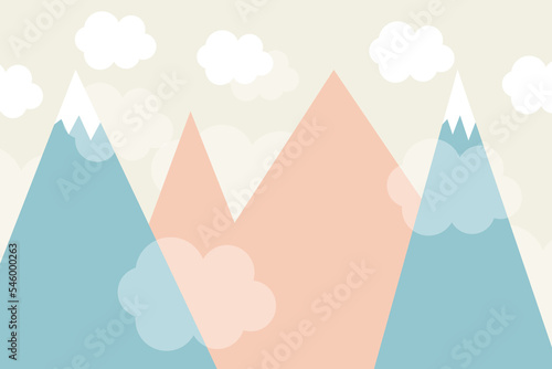 Mountains and clouds. For baby wallpapers, decor, web banners, posters. Vector illustration. Children's wallpaper. Hand drawn in scandinavian style. Mountain landscape.