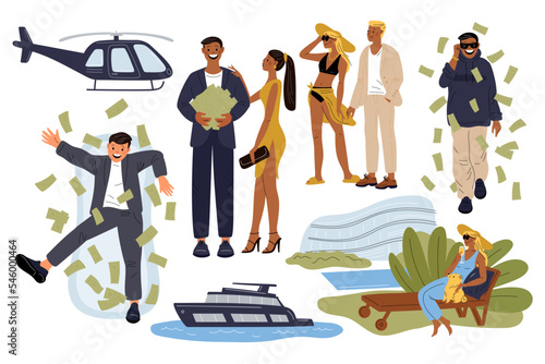 Rich people life. Expensive lifestyle. Persons with money and luxury elements. Man with banknotes heap. Helicopter and yacht. Lady on chaise longue. Cash bath or rain. Garish vector set