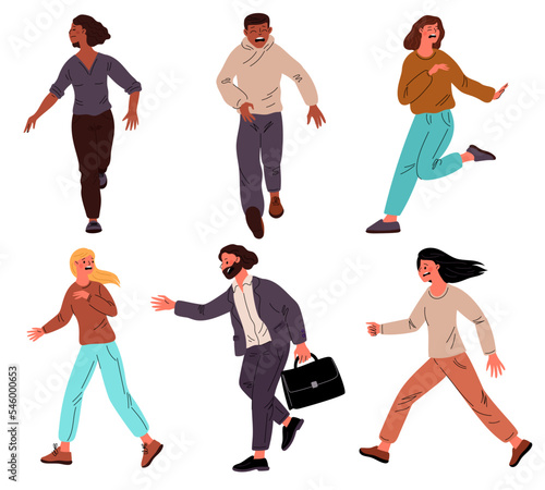 Shocked people run afraid. Cartoon persons in panic. Frightened men and women. Scared characters escaping from danger. Phobia or stress. Terrified guys and girls. Garish vector set