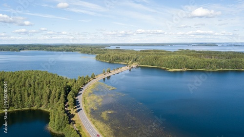 High angle of Punkaharju esker bridge, an internationally known tourist destination in Finland