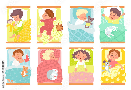 Sleeping kids. Little children lying in beds. Boys and girls slumbering in different poses top view. Bedding linen. Cozy pajamas. Kindergarten quiet hour. Night rest. Splendid vector set