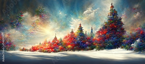 Christmas trees in the snow, winter landscape, colorful illustration, greeting card design © FantasyEmporium