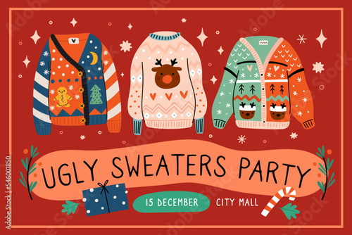 Ugly sweaters party. Handmade Christmas knitted cozy clothes. Traditional holiday pullovers. Patterned wears. Invitation card cartoon design. Xmas colorful garment. Garish vector concept