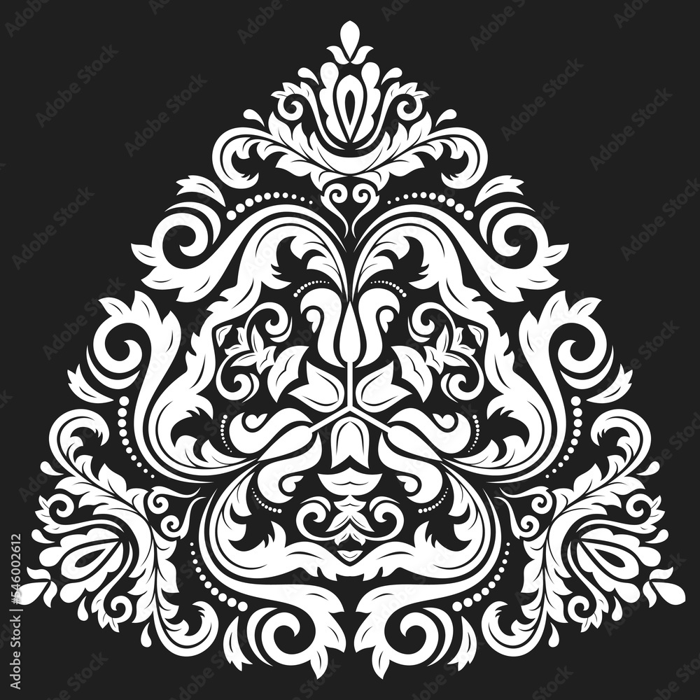 Oriental vector ornament with arabesques and floral elements. Traditional classic triangular black and white ornament. Vintage pattern with arabesques
