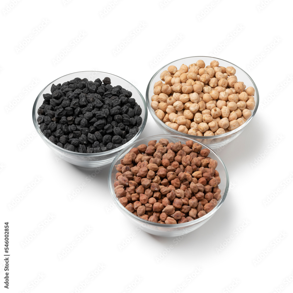 Variation of different chickpeas in a bowl isolated on white background Variation of different chickpeas in a bowl isolated on white background