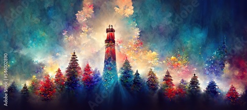 Christmas trees and lighthouse, winter landscape, abstract colorful illustration, greeting card design
