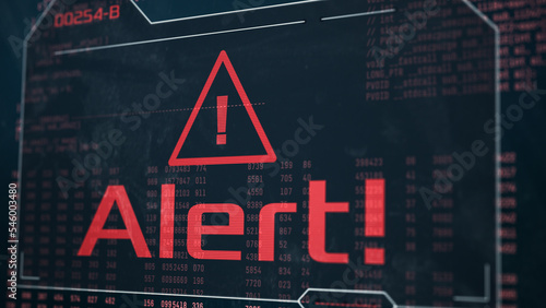 close-up of a dirty computer monitor, random data and code on background, alert message, concept of hacking, malware, cyber attack, or generic danger (3d render)