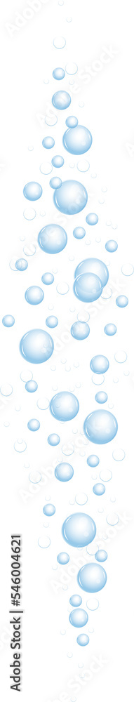 Underwater bubbles of fizzing soda. Streams of air. Dissolving tablets. Realistic oxygen pop in effervescent drink. Blue sparkles 