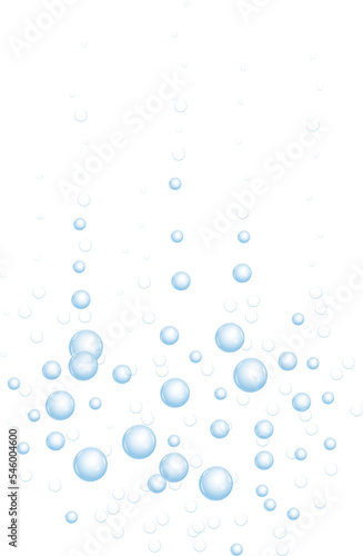 Underwater bubbles of fizzing soda. Streams of air. Dissolving tablets. Realistic oxygen pop in effervescent drink. Blue sparkles 