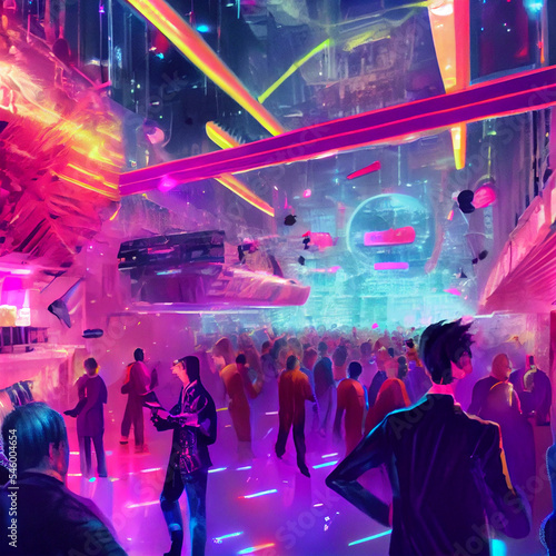 people at a futuristic city party