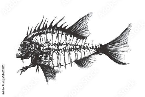 Fish skeleton. Fantastic Sea monster. Doodle sketch. Vector illustration. Isolated on white background. © eestingnef