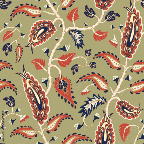 Seamless olive brown pattern with stylized red flowers. Decorative oriental floral background. Turkish or indian motif