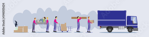 Scalable vector of workers loading cardboard boxes and furniture into truck.