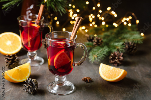 Mulled wine. Traditional christmas, new year and winter drink with red wine, citrus and spices.