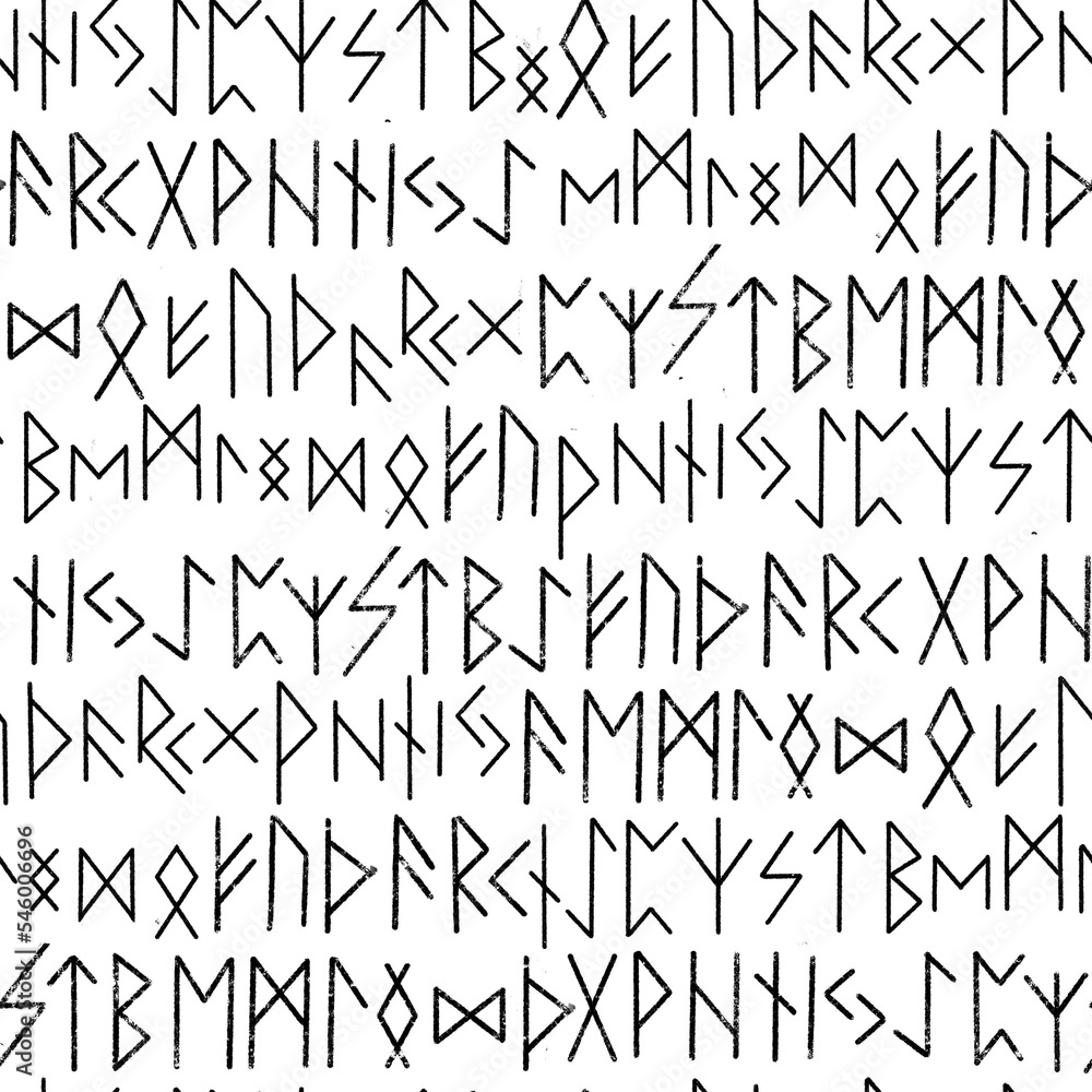 Runic seamless pattern, black white runes - Scandinavian gothic folk art. Ethnic Norwegian Icelandic background. Runes of the Vikings. Magic and magical Pagan signs. Futhark. 